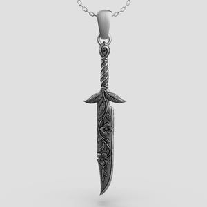 Floral Sword Necklace – Botanical Warrior Pendant – Silver Elven Blade – Nature Inspired Jewelry