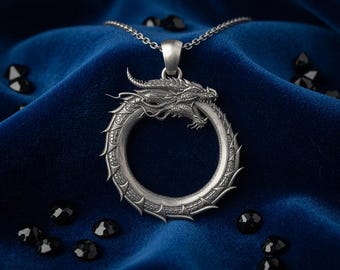 Dragon Ouroboros Pendant in Sterling Silver – Serpent Circle Necklace for Men and Women