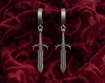 Sterling Silver Sword Hoop Earrings: Gothic Warrior Jewelry