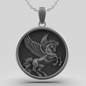 Silver Pegasus Medallion Necklace | Mythical Pegasus Charm Necklace | Detailed Pegasus Pendant Necklace | Pegasus Coin Necklace