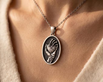 Anatomical Heart Pendant | Gothic Silver Love Necklace | Dark Romance Jewelry | Holding Heart Charm