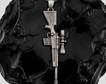 Sterling Silver Sniper Rifle Pendant Necklace - Military Hunter Jewelry