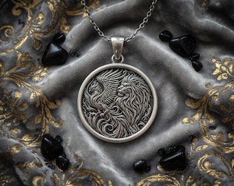 Sterling Silver Lion Phoenix Pendant - Mythical Rebirth Necklace