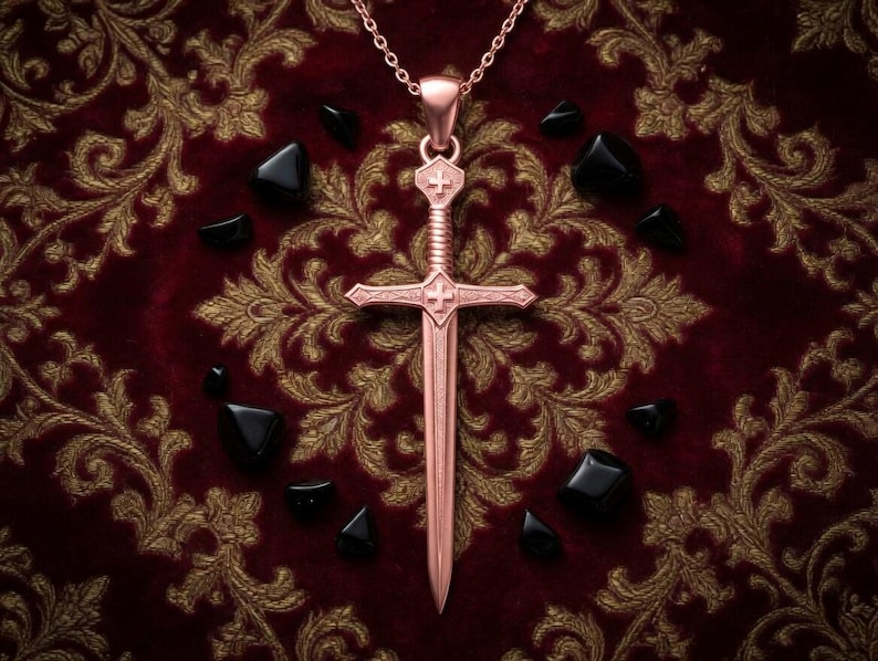 Sterling Silver Crusader Sword Cross Necklace Christian Knight Pendant Medieval Faith Gift Unisex Silver Rose Plated