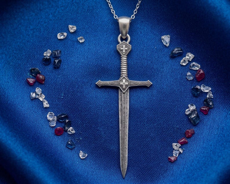 Sterling Silver Crusader Sword Cross Necklace Christian Knight Pendant Medieval Faith Gift Unisex Oxidized