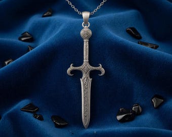 Sterling Silver Viking Sword Pendant, Unisex Norse Fantasy Blade Necklace, Warrior Jewelry