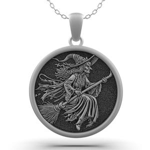 Halloween Witch Pendant • Silver Broomstick Necklace • Gothic Witchcore Jewelry • Dark Magic Style