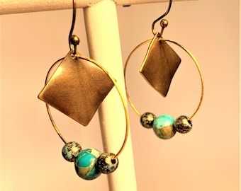 Mixed Metal Gold Bronze Turquoise Dangle Earrings