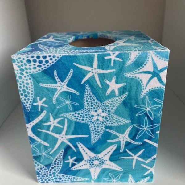 Decorative Box and Tissue Box Cover, Star Fish, Star Fish Tissue Box, Blue & White, Aqua, Teal, Under the Sea, Sea Life, Sea Animals,