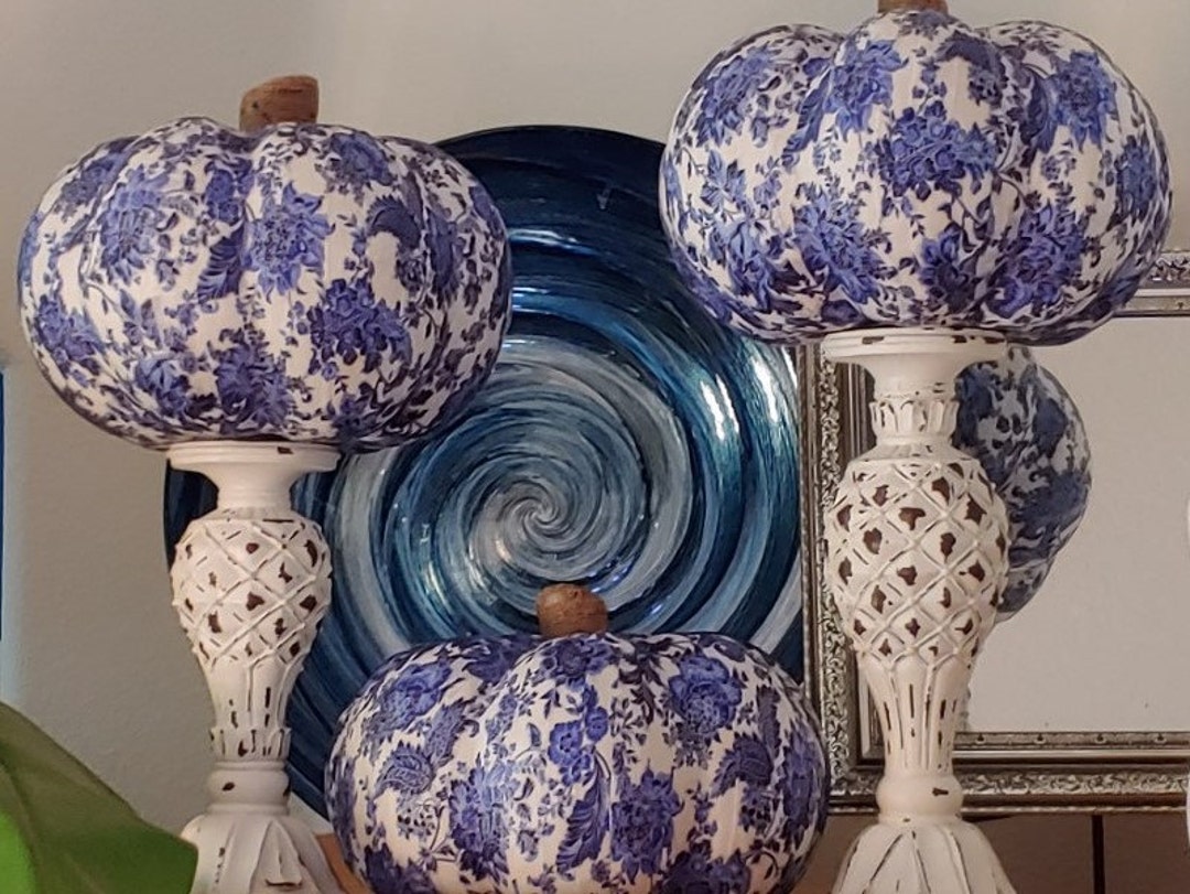 Large, Blue & White Decor, Pumpkin, Chic Chinoiserie, Chinoiserie Pumpkin, Paper Mache Pumpkins, Each Sold Separately Halloween