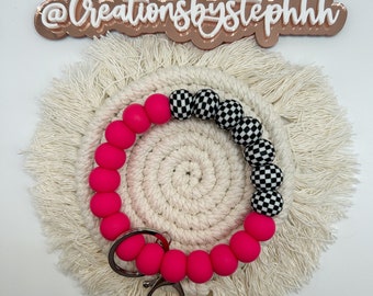 Hot Pink Checkered Wristlet Keychain | Hot Pink Checker Keychain | Retro Checkered Keychain | Checkered Print Wristlet | Wristlet Keychain