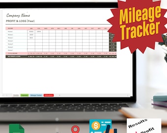 May include: A laptop screen displaying a spreadsheet with the title "Simple Bookkeeping All-In-One" and a section labeled "Profit & Loss (Year)". The spreadsheet includes columns for each month of the year. A red starburst graphic with the text "Mileage Tracker" is in the upper right corner of the screen. A green Excel icon, a red pin, and a blue icon with a dollar sign and a percentage sign are below the laptop.