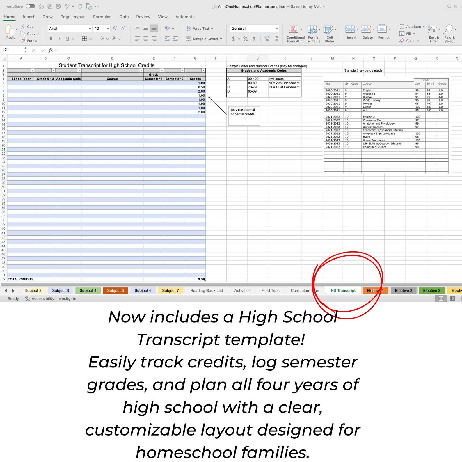 Homeschool Planner Gradebook Excel Template: All Grades, High School ...