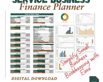 May include: A green and white digital download for a service business finance planner. The image includes the text "Service Business Finance Planner" and "Simplify Small Business Bookkeeping with Ease". The download is for a 24-page Excel workbook.
