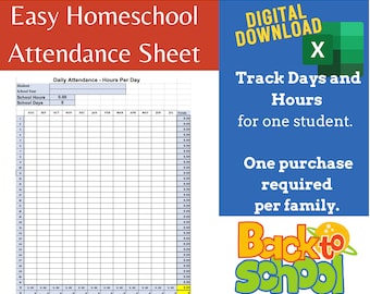 May include: A printable homeschool attendance sheet with a blue and white grid. The sheet is designed to track daily attendance in hours per day for a student. The sheet includes columns for each month of the school year, as well as a total column. The sheet is titled "Easy Homeschool Attendance Sheet".