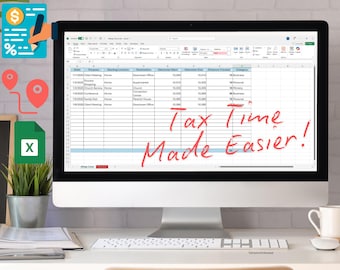 May include: A computer screen displaying a spreadsheet with the title "Digital Mileage Tracker". The spreadsheet has columns for date, purpose, starting location, destination, odometer start, odometer end, distance traveled, and category. The spreadsheet is filled with data, and there is a handwritten note on the screen that says "Tax Time Made Easier!"