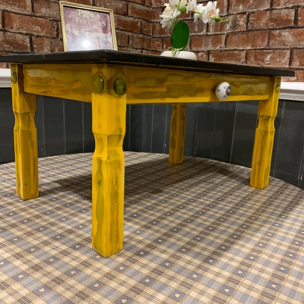 Rustic Wooden Shabby Chic Coffee Table - Yellow and Black Colour - Distressed Style - Upcycled