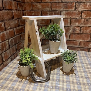 May include: A distressed white wooden step shelf, adorned with three small potted plants and a metal horseshoe. The backdrop features a brick wall and a checkered tablecloth.