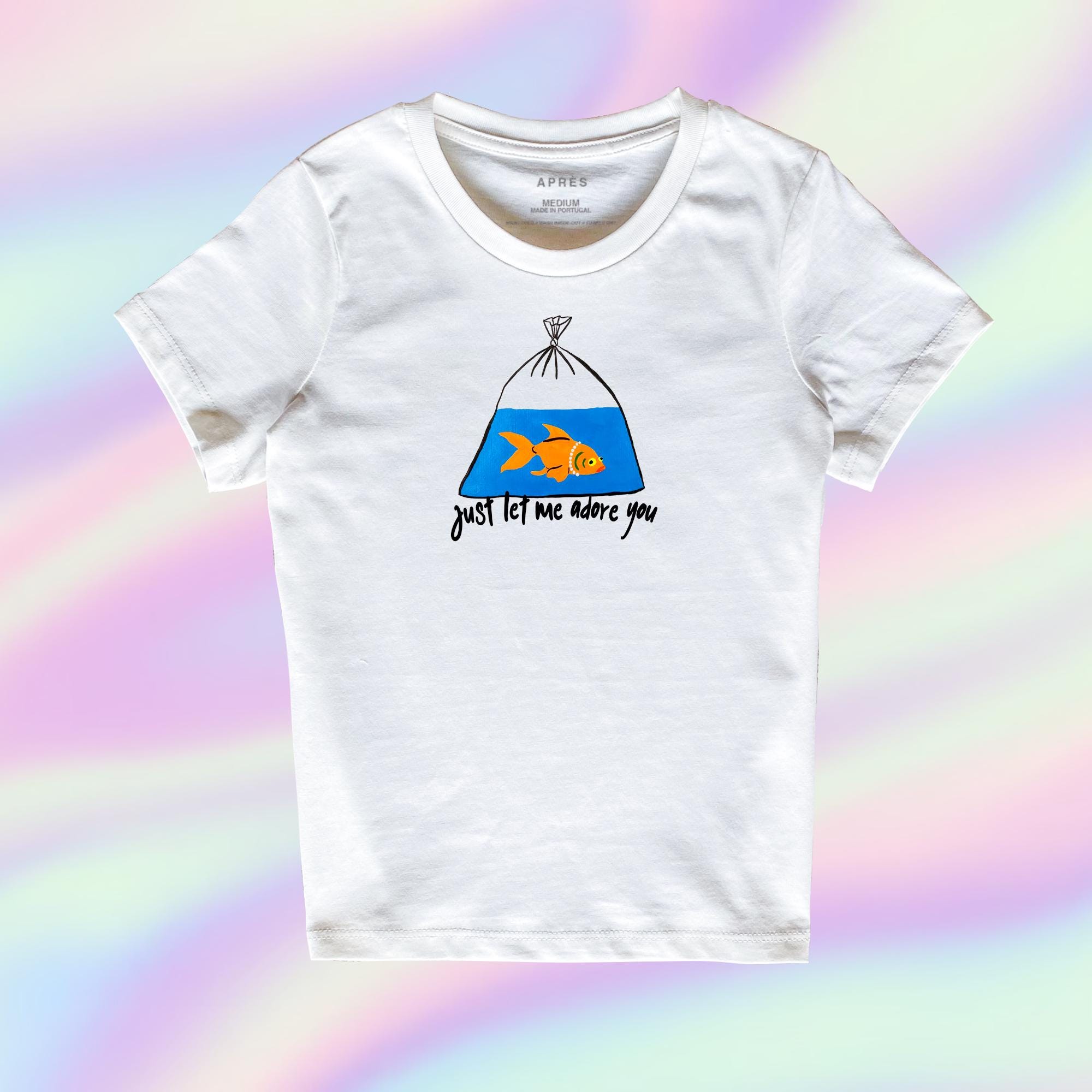 Let me adore you - APRÈS - fish, gold fish, lucky t-shirt y2k Crop Baby Tee, Funny Slogan Text T-shirt, Kawaii Baby Tee Short Sleeve