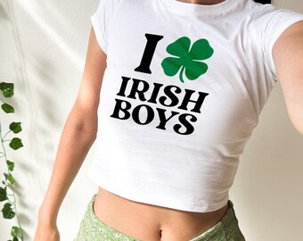 I Love Irish Boys - APRÈS - y2k Crop Baby Tee, Funny Slogan Text T-shirt, Kawaii Baby Tee Short Sleeve