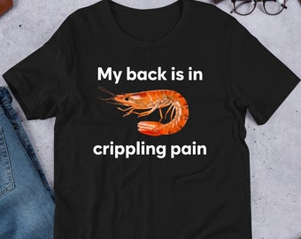 Peut inclure: T-shirt noir avec du texte blanc qui dit "Mon dos est dans une douleur lancinante" et une image de crevette.