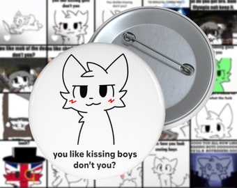Boykisser Meme Pin Button, Funny Furry Meme, Femboy, Bisexual LGBTQ Pride, Weeb, Waifu, Fursona, Transgender, Kissing Boys