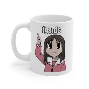 May include: White ceramic mug featuring a cartoon anime character pointing upwards with the text "fgsfds" printed on the front.