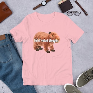 May include: Pink t-shirt with a brown capybara and the text "full of violent thoughts" printed on it.