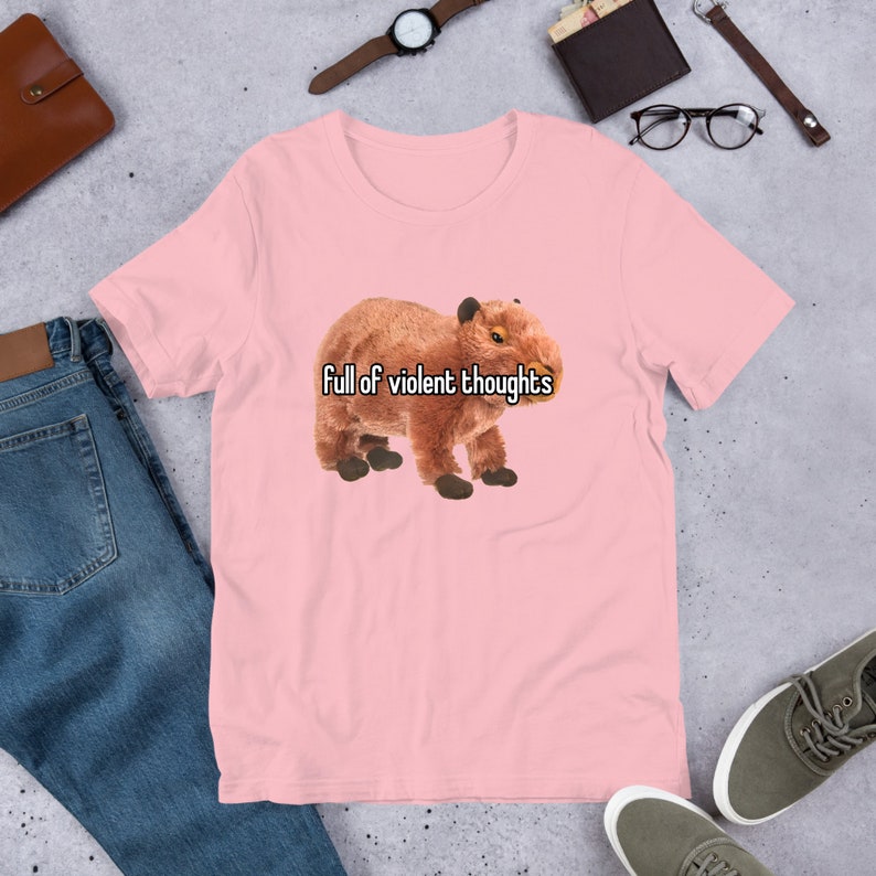 May include: Pink t-shirt with a brown capybara and the text "full of violent thoughts" printed on it.