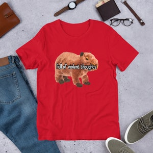 May include: Red short-sleeved t-shirt with a brown capybara illustration and the text "Full of violent thoughts".