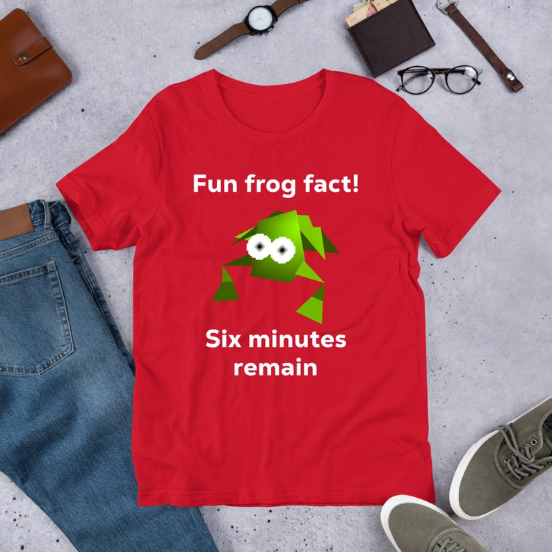 May include: Red t-shirt with a green origami frog and the text "Fun frog fact! Six minutes remain."