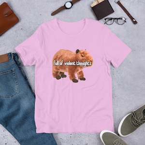 May include: Pink short-sleeved t-shirt with a brown capybara wearing a white shirt with the text "full of violent thoughts" printed on it.
