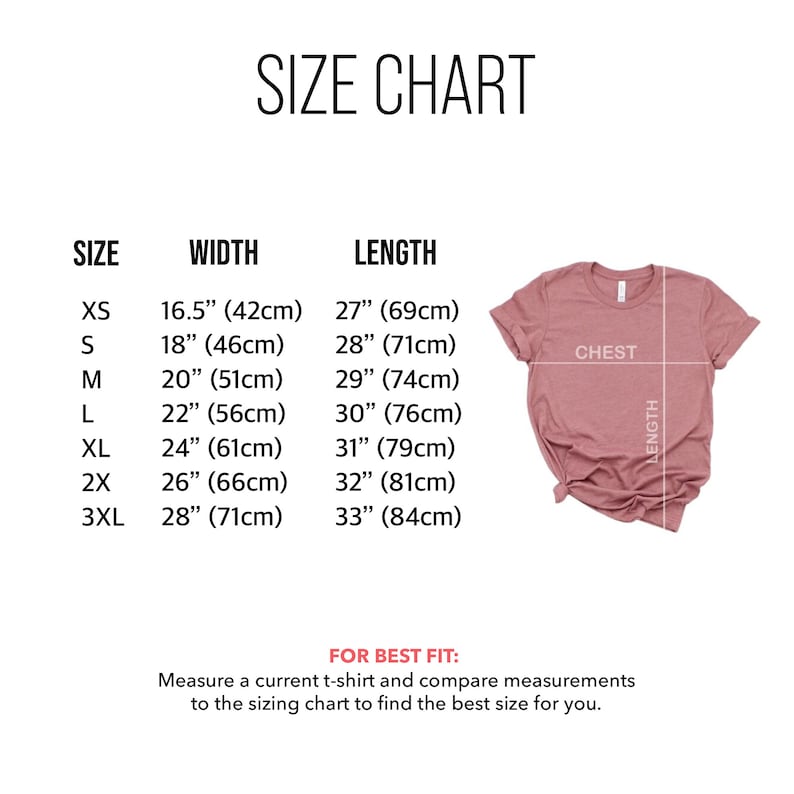 May include: Size chart for a t-shirt with measurements in inches and centimeters. The chart shows the width and length of the shirt in different sizes, from XS to 3XL. The chart also includes a diagram of a t-shirt with labels for the chest and length.