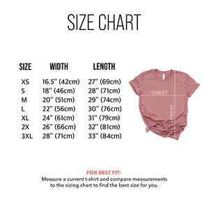 May include: Size chart for a t-shirt with measurements in inches and centimeters. The chart shows the width and length of the shirt in different sizes, from XS to 3XL. The chart also includes a diagram of a t-shirt with labels for the chest and length.