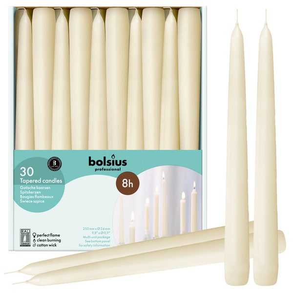 30 & 60 Pk Ivory Unscented Taper Candles 10 Inch Wedding, Home, Party, Church Decor | 8 Hours Smokeless Dripless Long Burning Candle