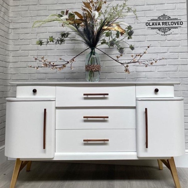 Vintage Mid Century Sideboard with Drawers - Retro White & Leopard Print Design - Solid Wood