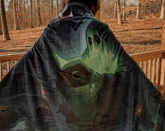 Hooded Blanket With Creepy Reading Ghost In A Library - Super Soft