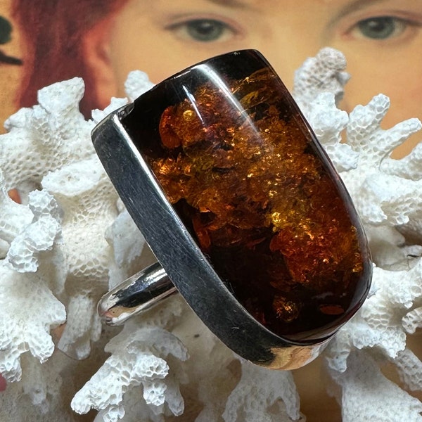 Huge Vintage Baltic Amber Sculptural Sterling Silver Ring