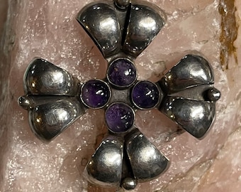 1940s Sterling Silver Amethyst Maltese Cross Brooch