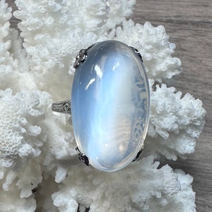 Antique Moonstone Ring in 14k White Gold Filigree