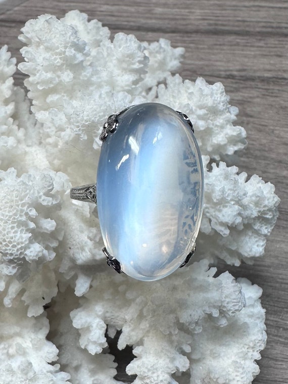 Antique Moonstone Ring in 14k White Gold Filigree