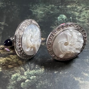Tracey Mayer Vintage Cufflinks Griffin Mother of Pearl White Topaz and Amethyst in 950 Silver