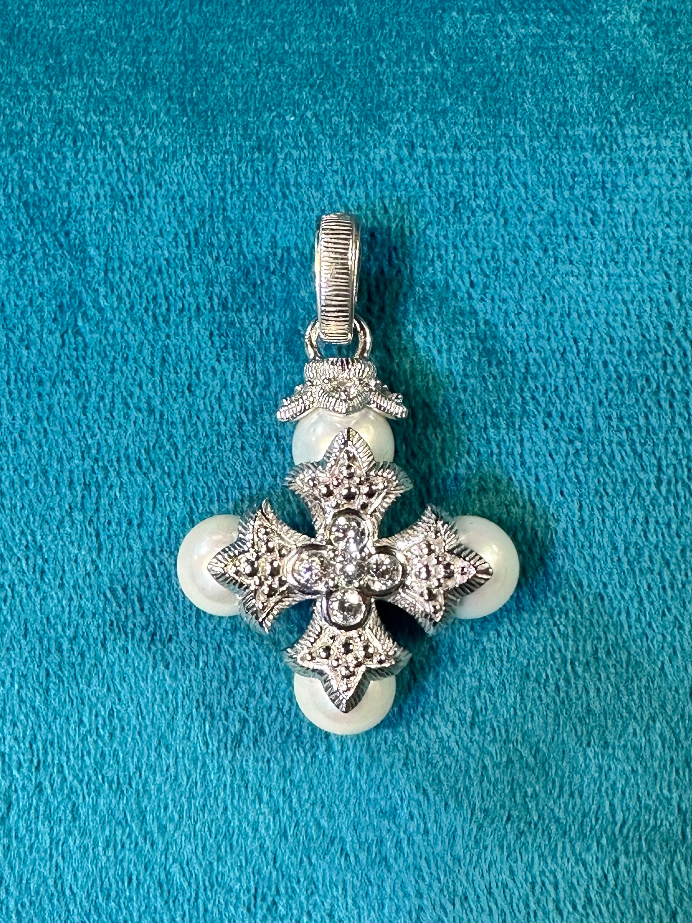 Judith Ripka Maltese Cross Pearl Cubic Zirconia Sterling Silver