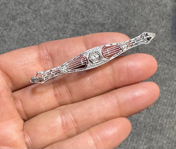 Antique Platinum Diamond Filigree Bar Pin - image 2