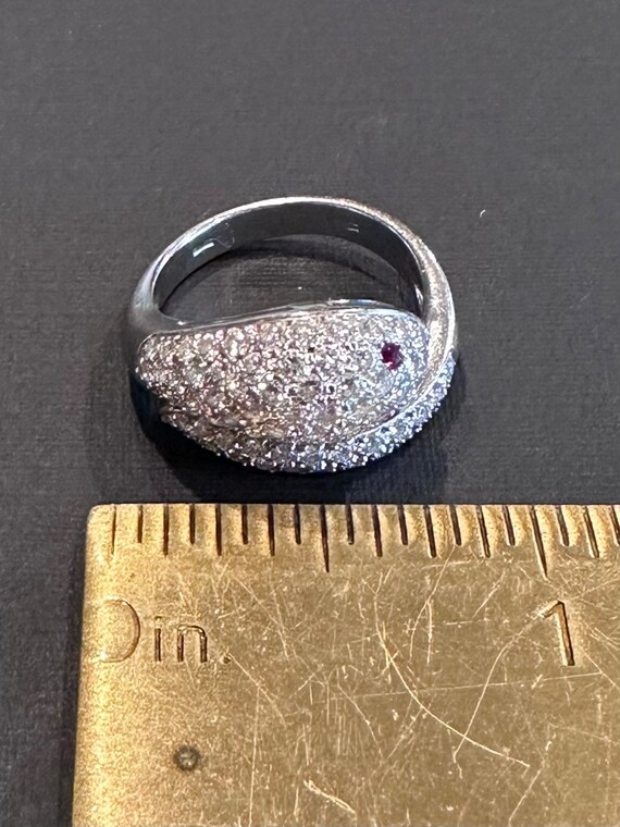 Vintage 18k White Gold Snake Ring Diamonds and Ru… - image 2