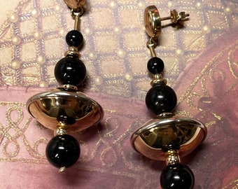 14k Gold Long Earrings with Onyx Beads