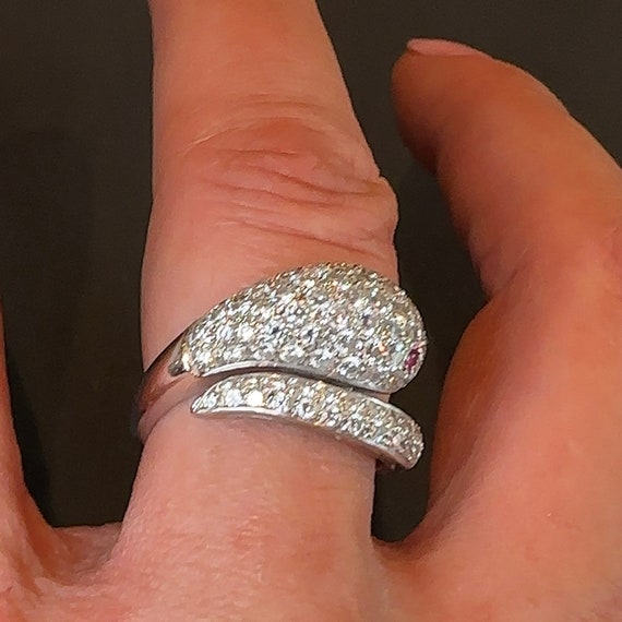 Vintage 18k White Gold Snake Ring Diamonds and Ru… - image 6