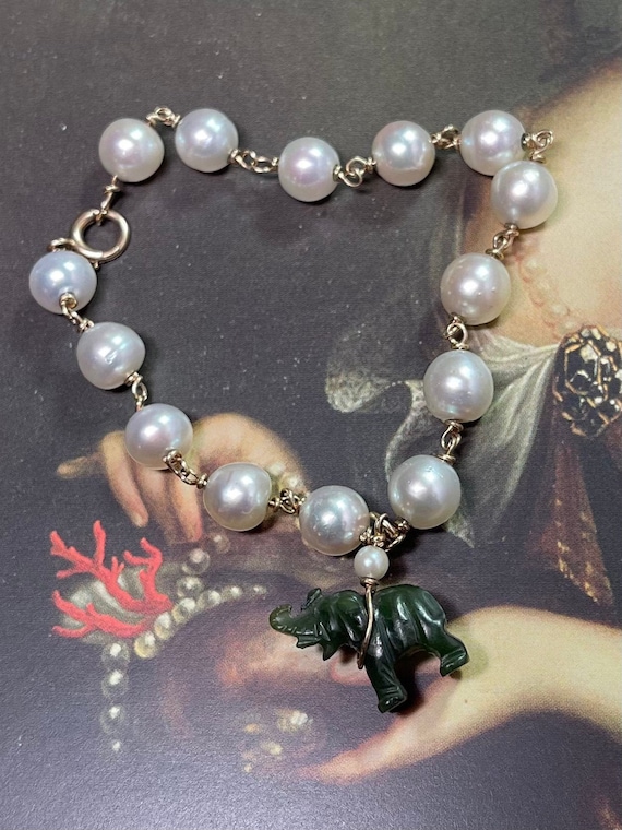 Jade Elephant Charm on 14k Pearl Bracelet