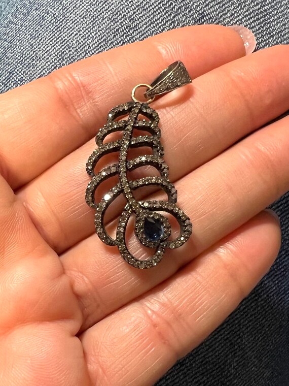 Vintage Feather Pendant Sapphire and Diamonds in … - image 4