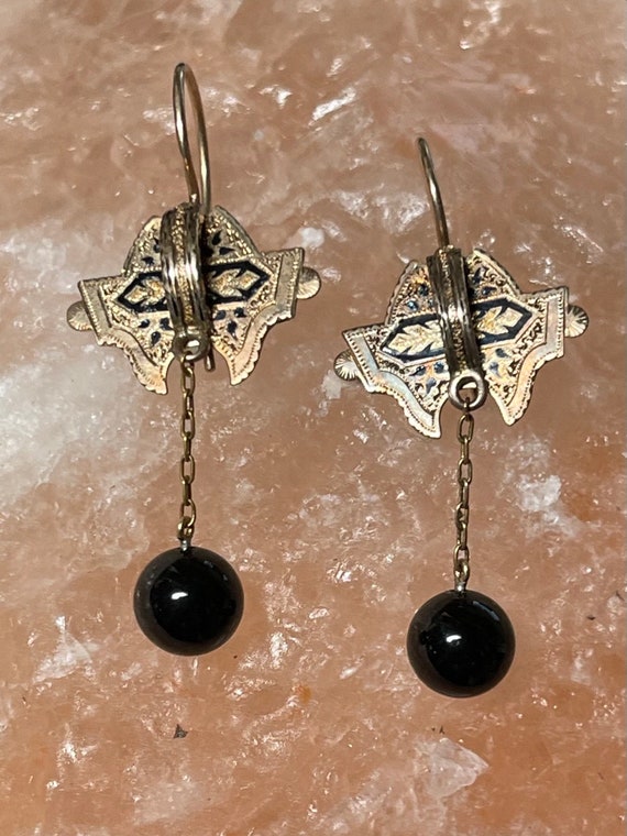 Victorian 14k Black Enamel and Onyx Earrings - image 1